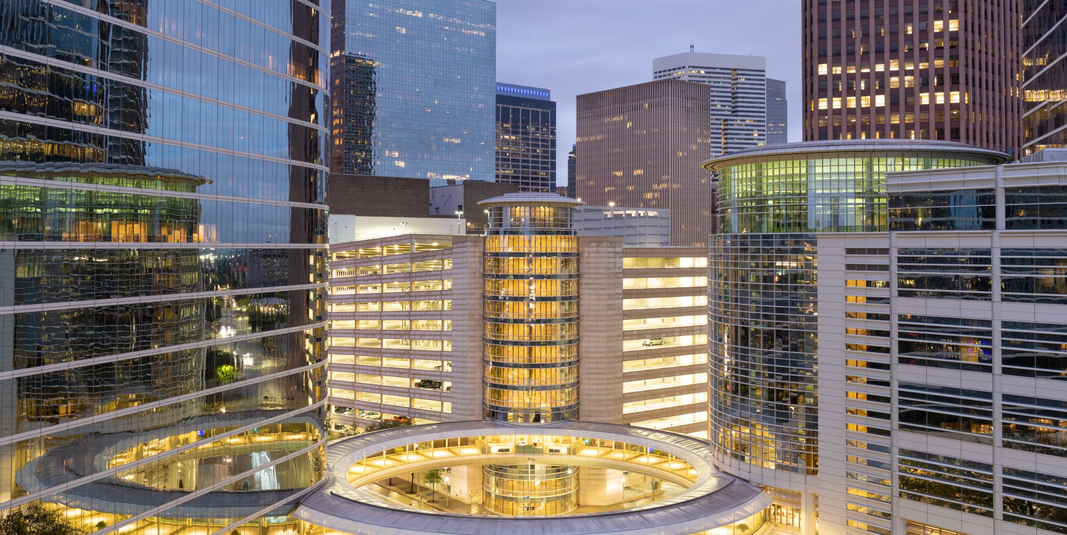 Houston, Texas, USA downtown cityscape at dusk in the financial district.